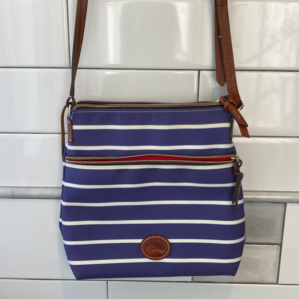 DOONEY & BOURKE BAG Blue with ivory stripes, Red Lining, Adj Strap, Like New